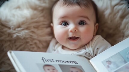Cute caucasian baby with photo album, lying on soft blanket