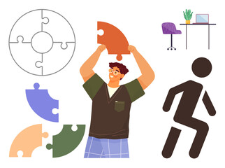 Puzzle pieces, man holding one, desk setup with laptop and plant, running stick figure. Ideal for teamwork, productivity, brainstorming, creativity problem-solving organization focus. A simple