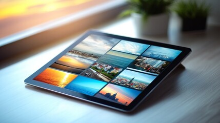Tablet displaying scenic photos of beaches, cities, and mountains on a wooden surface