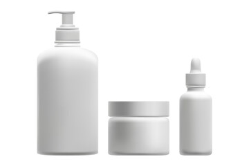 Cosmetic 3D plastic dispenser pump bottle, cream jar, serum dropper mockup set, isolated, transparent background. Skin care clean white, light gray glass. Beauty vector product packaging.
