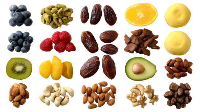 Assortment of dried fruits and nuts isolated on transparent background
