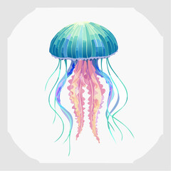 A vibrant cartoon illustration of a blue jellyfish swimming in the ocean, resembling an umbrella in the water