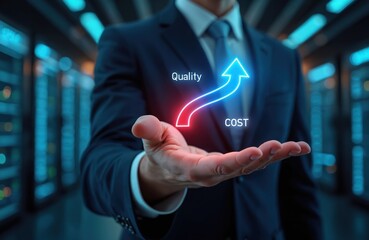 Businessman balances quality, cost with glowing upward arrow graphic. Represents achieving higher performance, efficiency through smart investment, management strategies. Focuses on business growth,