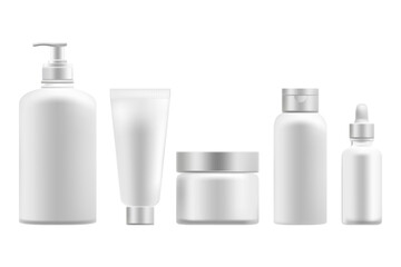 Cosmetic 3D product packaging mockup set, isolated, transparent background. Cleansing gel bottle, cream jar, serum dropper, tube, clean white plastic, light silver gray flip top lid. Beauty skin care 