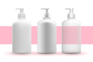 Cosmetic 3D plastic dispenser bottle with pump mockup set, isolated, transparent background. Skin care lotion bottle, clean white, light gray translucent glass. Beauty moisturizer product packaging.
