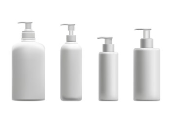 Cosmetic 3D plastic dispenser bottle with pump mockup set, isolated, transparent background. Skin care lotion bottle, clean texture. Beauty moisturizer, cleansing gel, face wash product packaging.