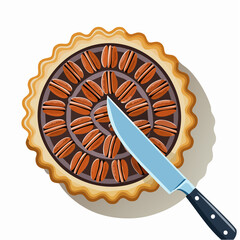 An illustration of a baseball bat and ball rests on a plate with a delicious chocolate tart