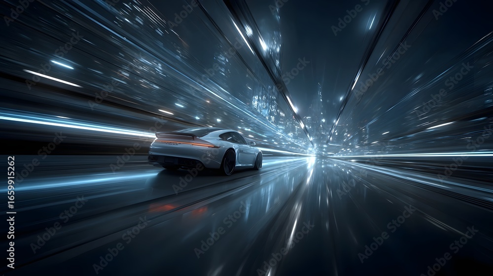 Poster a blurred image of a sleek high speed vehicle hurtling down a futuristic illuminated highway creatin