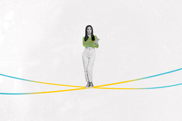 Obraz premium Banner 3d art pop image collage of happy businesswoman businessman stand rope chain development aim achievement progress