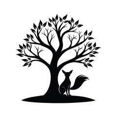 Silhouette of a fox sitting peacefully under a large leafy tree