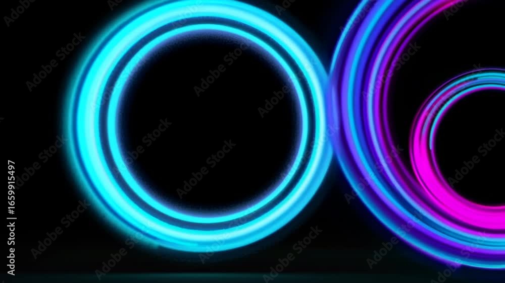 Poster vibrant neon rings spinning on a dark background creating a captivating light show with dynamic colo