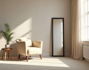 Minimalist beige armchair sits near full-length mirror in sunlit room. Natural light streams through window creating tranquil ambiance. Plant on side table adds touch of nature. Relaxing, serene,