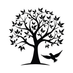 Obraz premium Silhouette of a majestic tree with a bird in flight against a white background