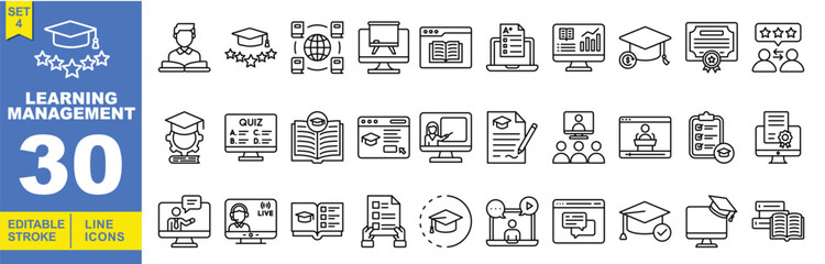Learning Management line icon set. Vector pictograms of student, cap, globe, course, report, progress, tuition, certificate, reviews, quiz, research, instructor, assignment, and more. Editable stroke