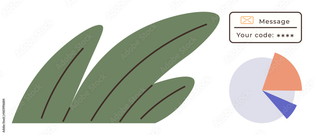 Poster abstract green leaf forms paired with a message input field and an orange-blue pie chart. ideal for 