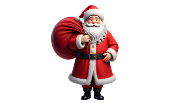 Jolly Santa Claus with Red Sack Isolated on Black Background