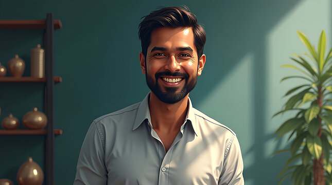 Smiling man standing in modern interior, digital illustration portrait with sunlight and shadows, happiness concept