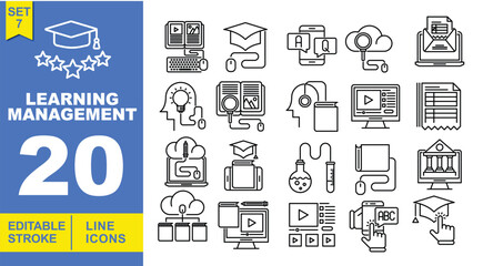 Learning Management line icon set. Vector pictograms of laptop, cap, mobile, cloud, email, idea, research, learner, screen, clipboard, remote, tablet, chemistry, knowledge, campus. Editable stroke
