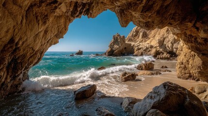 Fototapeta premium Scenic Coastal View Through Natural Rock Arch with Glistening Waves and Sandy Beach in Bright Sunny Weather