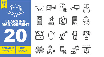 Learning Management line icon set. Vector pictograms of search, calculator, checklist, teaching, exercise, mobile, announcement, online, learning, nature, backpack, notification. Editable stroke