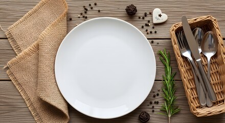 A rustic table setting featuring a white ceramic plate mockup placed on a wooden surface..