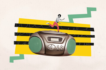 Full image 3d poster banner collage of happy girl dance boombox celebration holiday meloman...