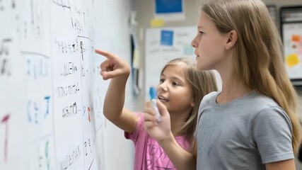 Two young girls are working together at a whiteboard, solving a math problem, and actively participating in their education within a classroom setting. - Powered by Adobe