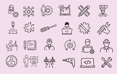 Line art icons illustrating engineering management and coding, set against a light purple background