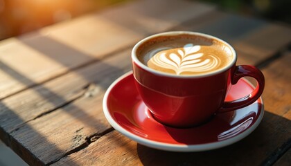Red cup filled with aromatic coffee featuring latte art. Placed on a saucer on a rustic wooden table during morning. Sunlight casts shadows, creating a warm, inviting atmosphere for a hot beverage.
