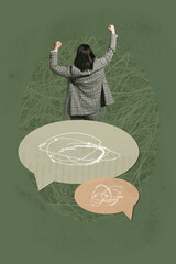 Artwork 3d poster art collage of happy girl guy stand bubble communication chatterbox speech...