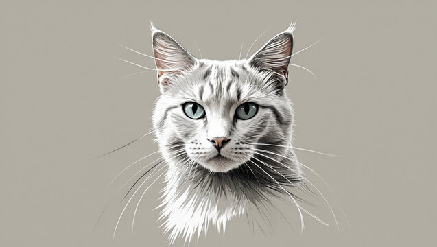 Close-up portrait of a striking grey tabby cat with intense green eyes and tufted ears - Powered by Adobe