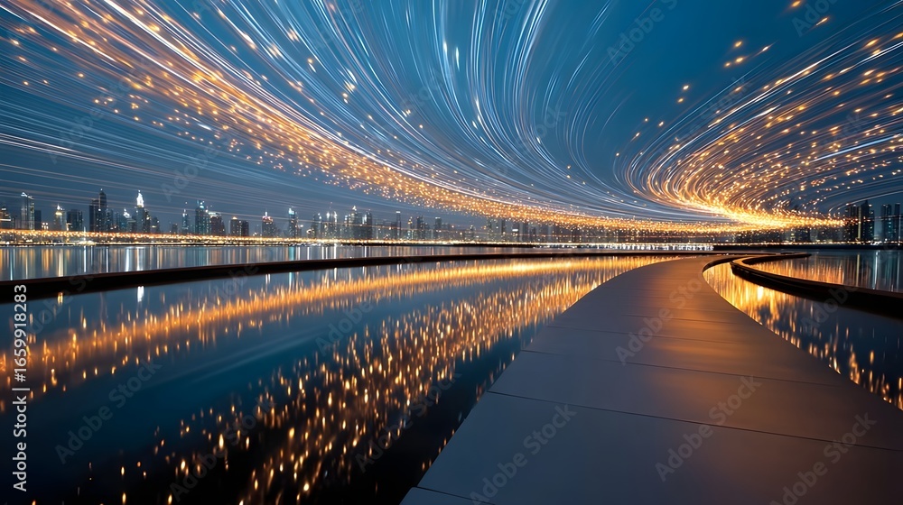 Poster a breathtaking view of a modern city skyline reflected in the calm waters of a river with a dazzling