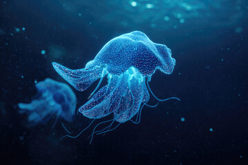 Glowing jellyfish underwater, bioluminescent marine animal floating in deep blue ocean, minimal eco scene, peaceful and mysterious aquatic life