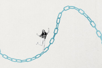 Banner 3d art pop image collage of happy businesswoman businessman stand rope chain development aim achievement progress