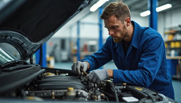 Pro mechanic intently repairs car engine in clean workshop. Skilled technician with ratchet tool wears blue workwear and gloves. Focus on automotive maintenance and skilled trades.