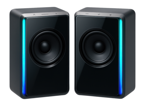 Desktop speaker set with reactive light bars and touch-sensitive controls