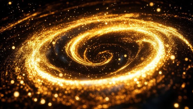 A swirling vortex of golden glitter particles creates a mesmerizing spiral pattern against a dark background, evoking a cosmic or magical atmosphere.