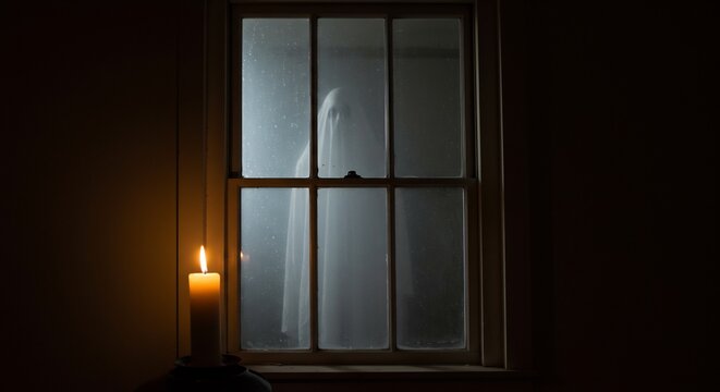 A spectral figure behind a window illuminated by a candles flame