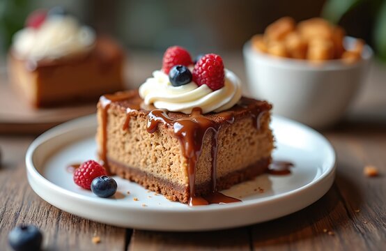 Decadent slice of cheesecake topped with whipped cream, fresh raspberries, and blueberries. Drizzled with rich chocolate sauce. A delicious dessert perfect for any celebration or sweet indulgence.