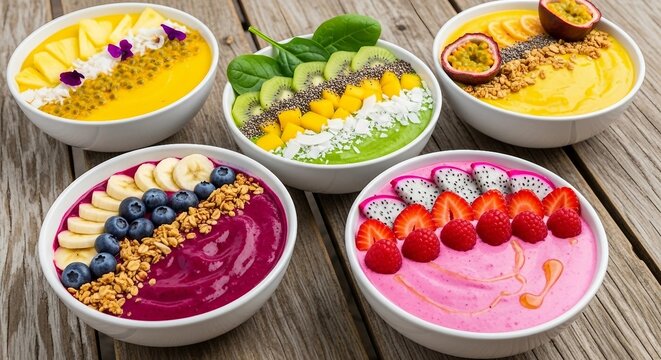 Assorted Smoothie Bowls with Fresh Fruit Toppings | Healthy Breakfast Options for Food Blogging, Social Media Marketing, and Restaurant Menus