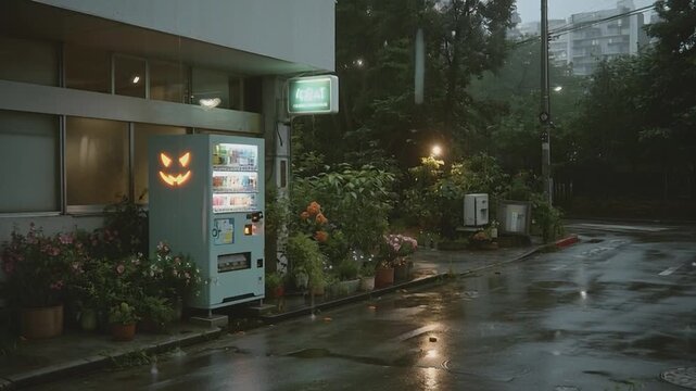 Rainy Day Vending Machine: A street scene depicting a rain-slicked sidewalk illuminated by the soft glow of a vending machine and nearby ambient lighting, embodying a unique mood.