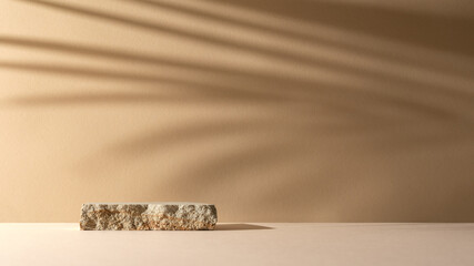 Natural Stone Podium with Palm Shadow on Brown Background