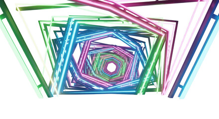Vibrant geometric tunnel illustration with neon colored hexagonal frames