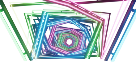 Vibrant geometric tunnel illustration with neon colored hexagonal frames