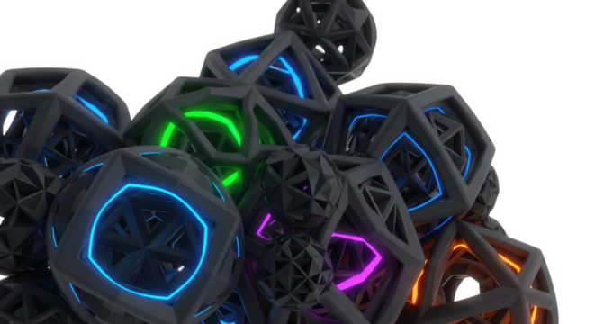 Abstract 3D Geometric Forms with Vibrant Light Accents on a Black Background