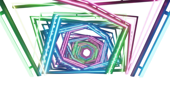 Vibrant geometric tunnel illustration with neon colored hexagonal frames