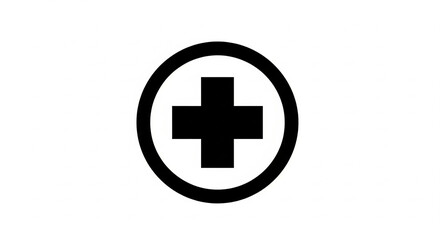 Health symbol icon in the form of a medical plus (+) sign with a protective circle, simple monochrome design.