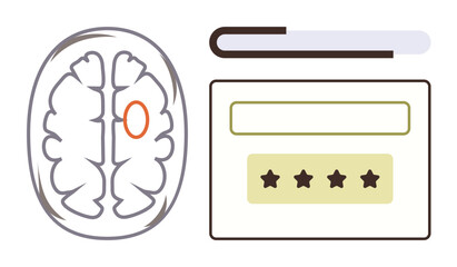 Brain outline highlighting a region, top book corner, and review card with stars. Ideal for education, neuroscience, evaluation, psychology, feedback, learning processes simple flat metaphor