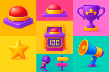 Vibrant 3D Game Show Props – Podium, Buzzer, Mic & Prize Icons on Dynamic Color Burst Background