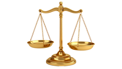 3D icon of golden balance scale representing equality and fairness, isolated on transparent background